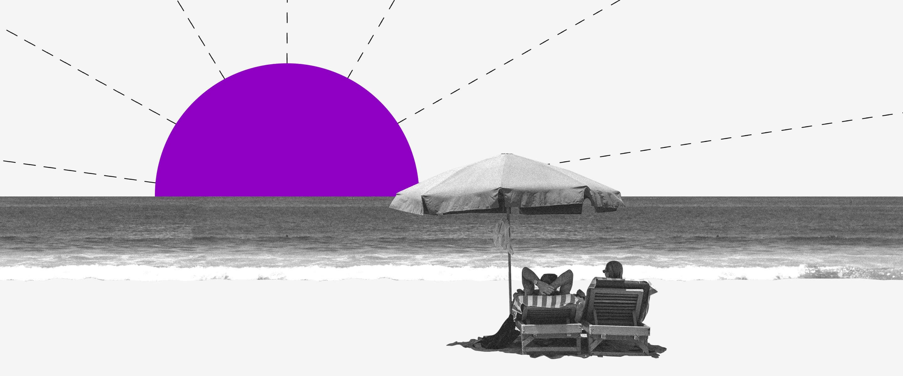 Clientes Nubank disfrutan de la libertad financiera en la playa, mientras observan un sol de color morado.