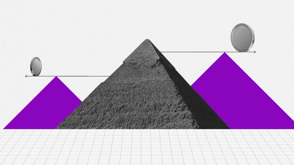 Pirámide financiera. Una pirámide y, ambos lados, dibujos de dos pirámides moradas con flechas en sentido opuesto y, por encima de ellas, dos esferas en equilibrio.