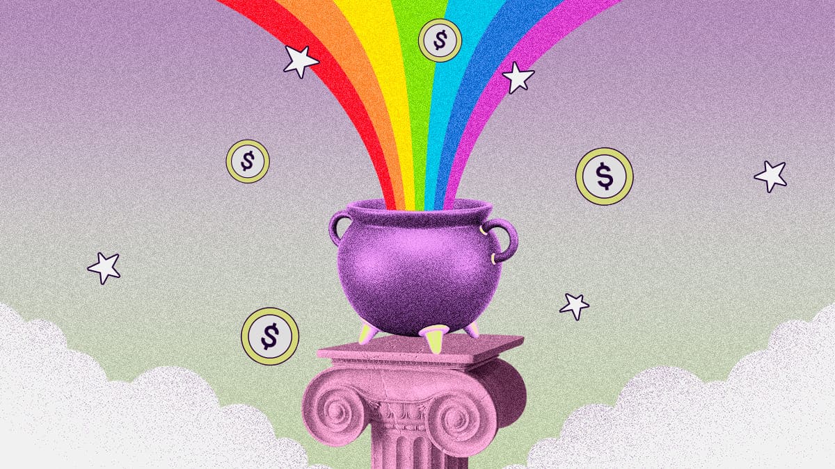 El arcoíris brota del caldero con oro como símbolo de la educación financiera y la comunidad LGBTTTIQ+