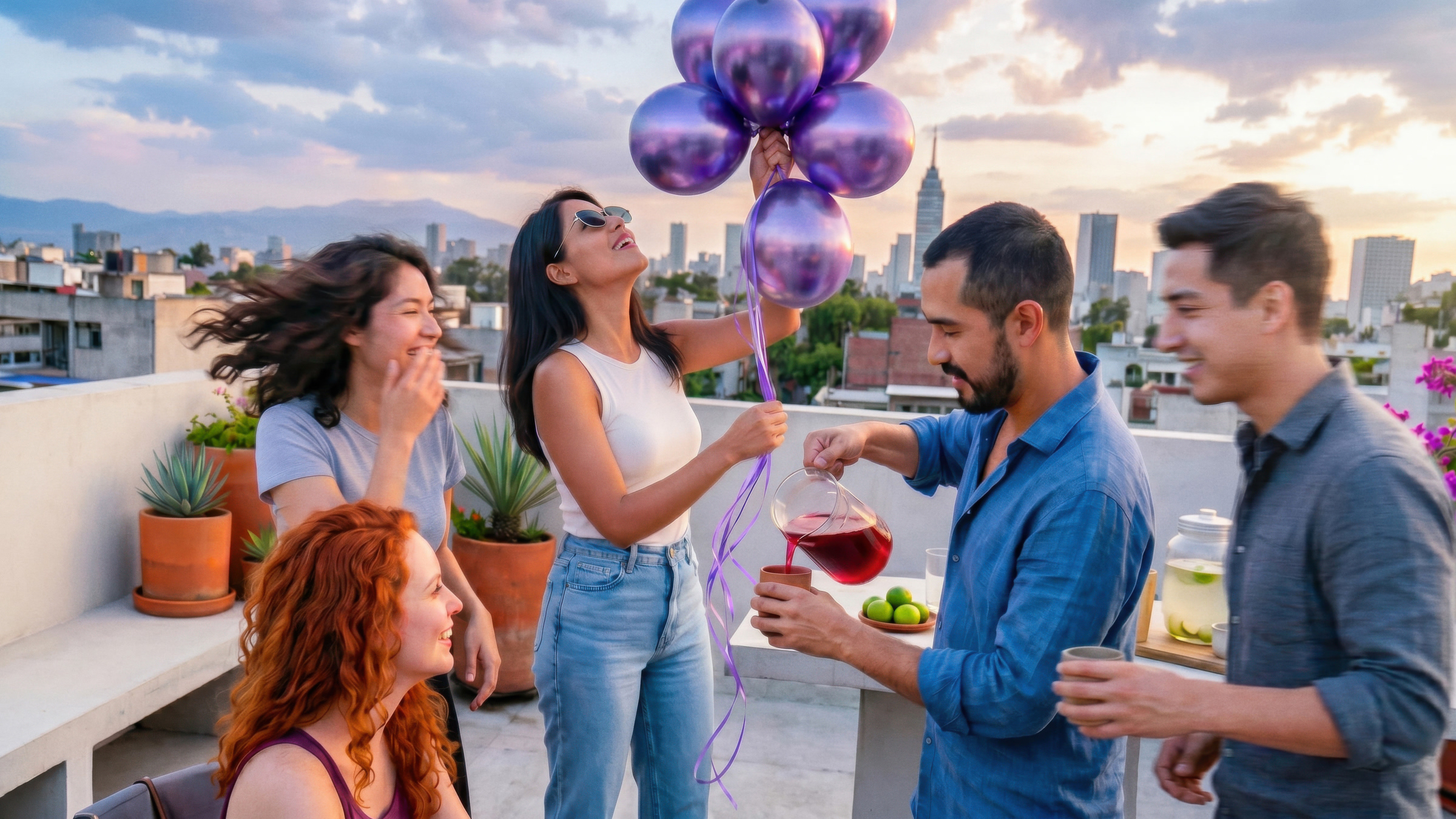 Grupo de amigos celebrando en una terraza con globos y bebidas, reflejando la tranquilidad que da tener el control de tus pagos con el Plan de Pagos Fijos de TDC Nu.