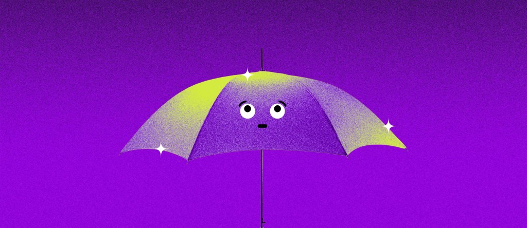 Un paraguas animado con rostro de caricatura representa a los aseguradores en un limbo morado