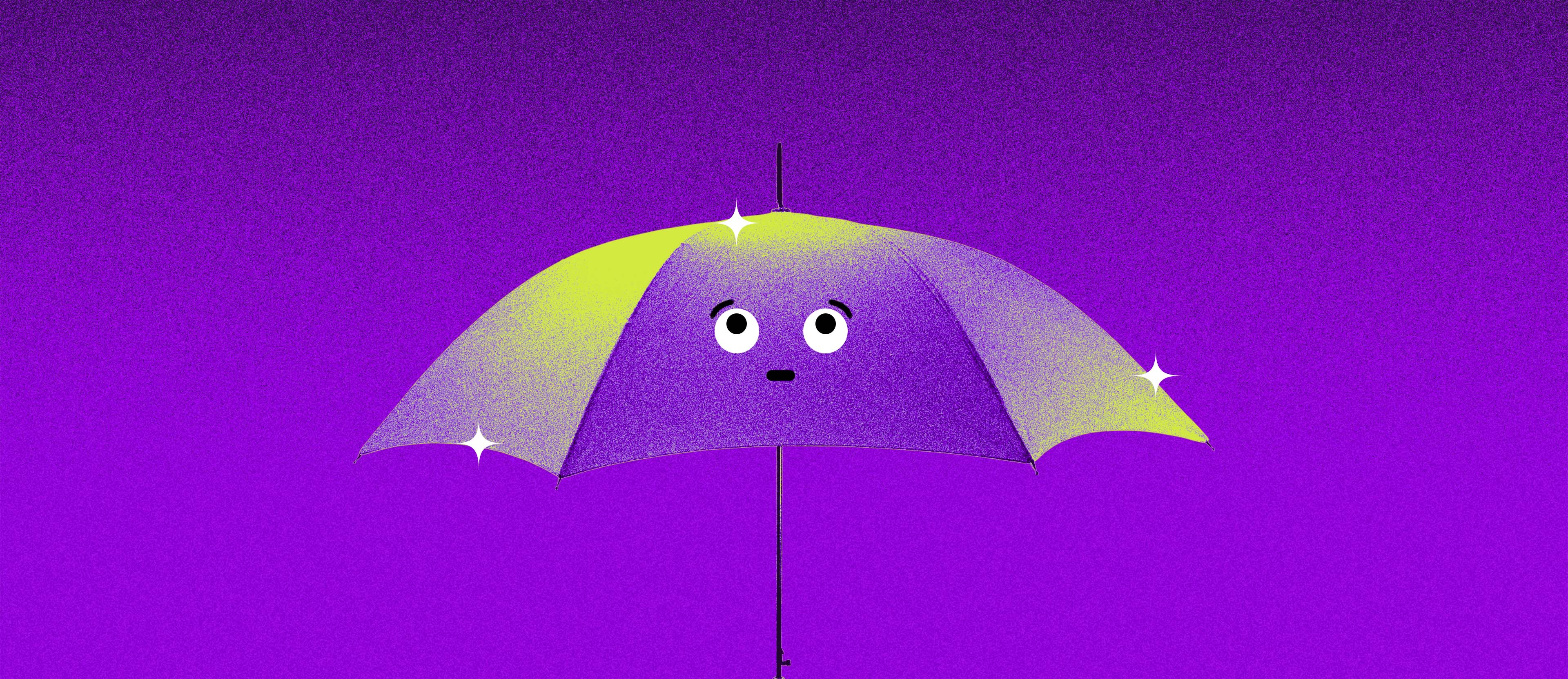 Un paraguas animado con rostro de caricatura representa a los aseguradores en un limbo morado