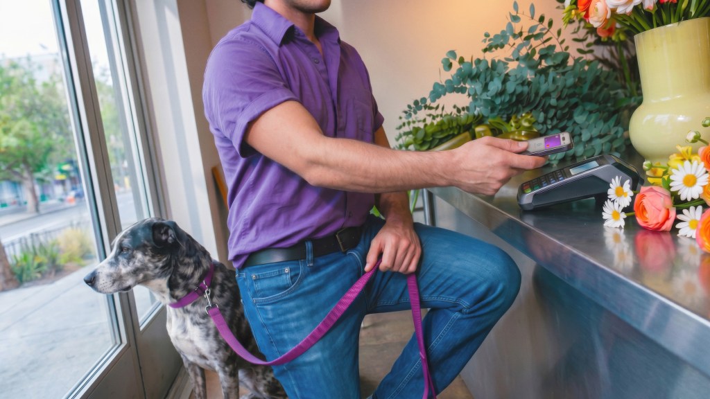 Persona con camisa morada usando su Tarjeta de Débito Nu en una terminal, con un perro a su lado en un establecimiento comercial.