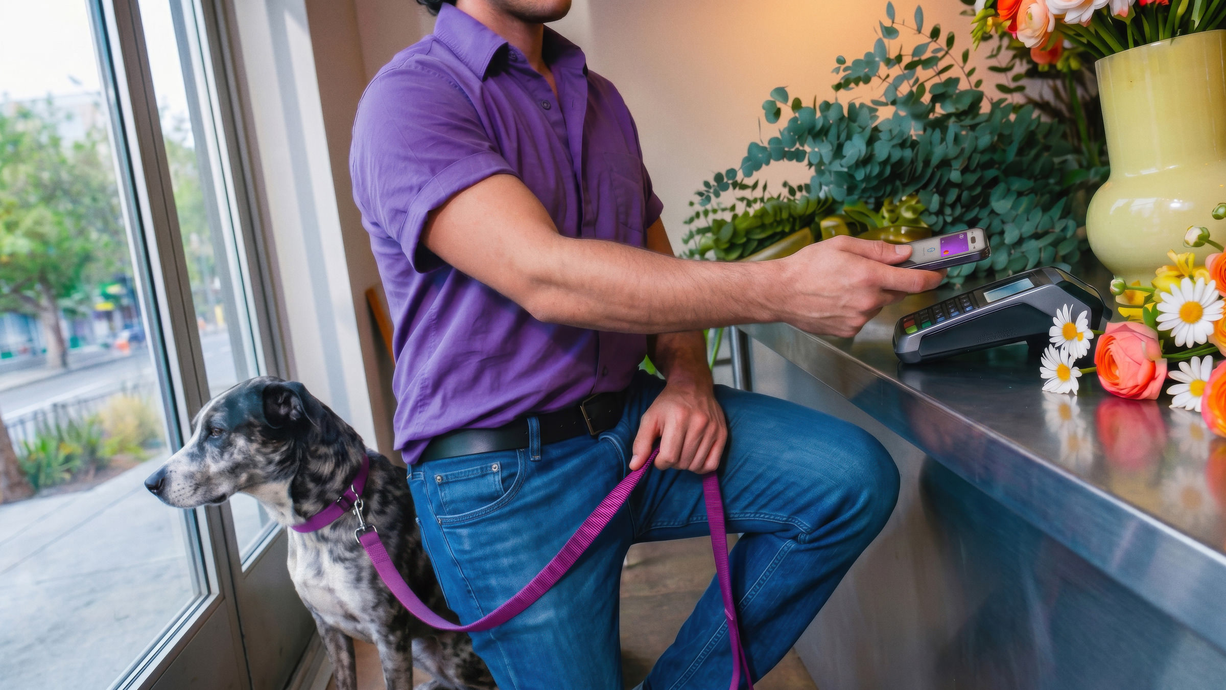 Persona con camisa morada usando su Tarjeta de Débito Nu en una terminal, con un perro a su lado en un establecimiento comercial.