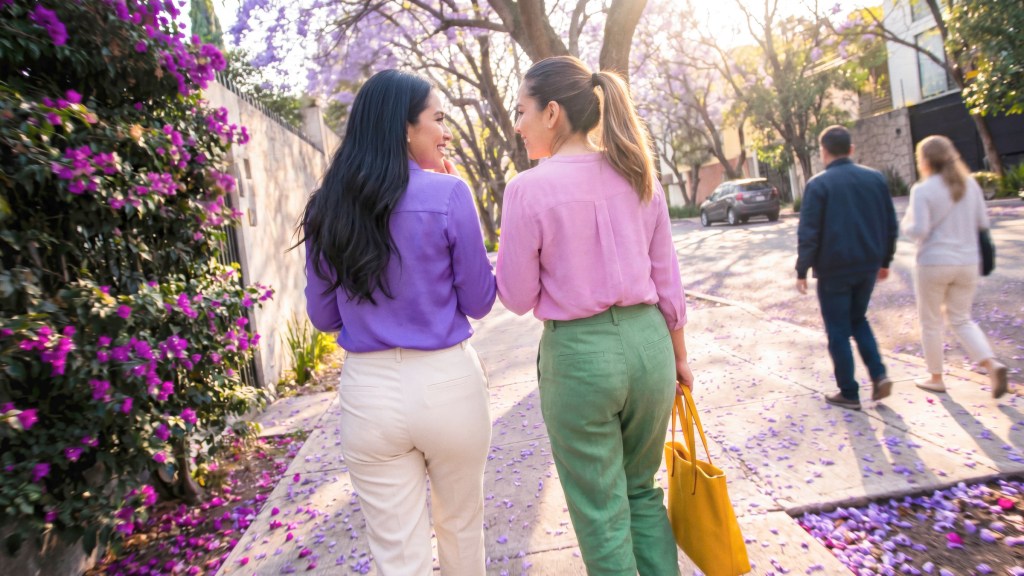 Dos mujeres caminando de espaldas por una banqueta con jacarandas moradas, una con blusa lila y otra con blusa rosa y pantalón verde.