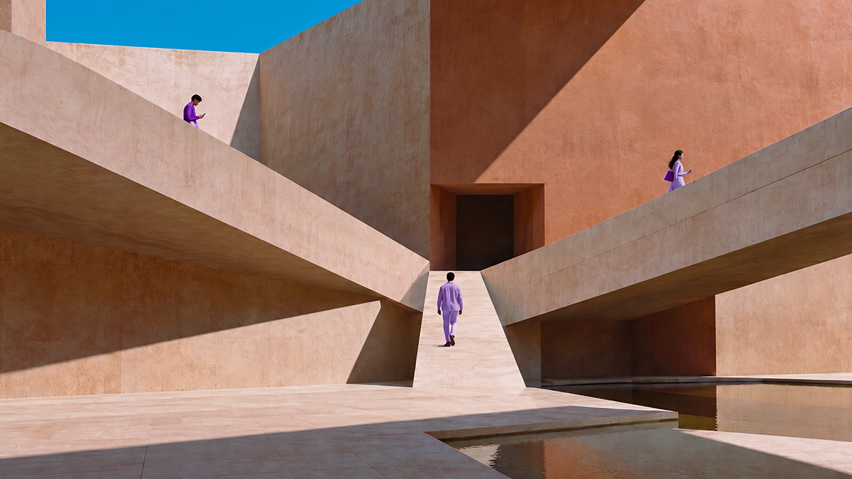 Tres personas con ropa morada recorren rampas y pasillos de una arquitectura de tonos terracota, una imagen que ilustra los pagos digitales desde el celular.