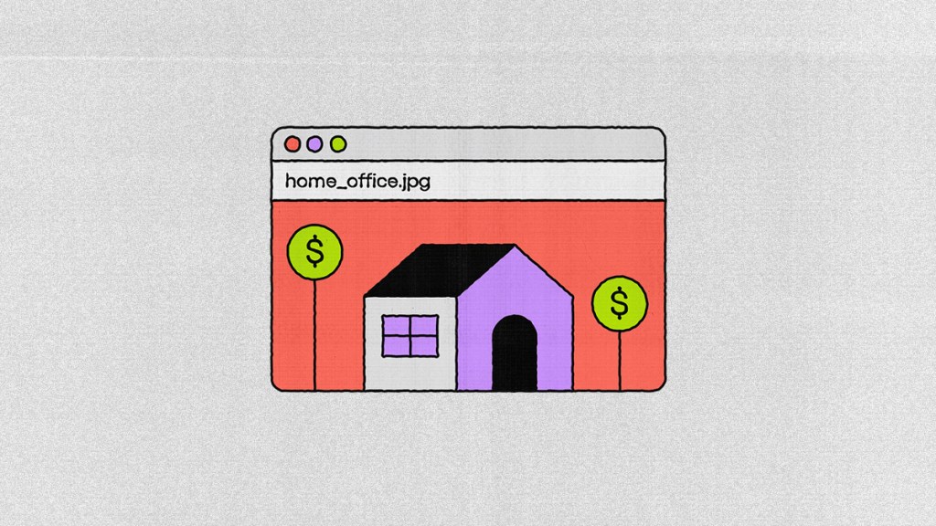 Header_Homeoffice Imagen jpg de una casa simple color morado con cielo naranja y dos árboles de dinero recomiendan la posibilidad de trabajar desde casa