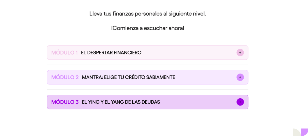 Captura de pantalla que muestra los tres módulos disponibles en la página web de Academia Nu: el despertar financiero, mantra: elige tu crédito sabiamente y el ying yang de las deudas