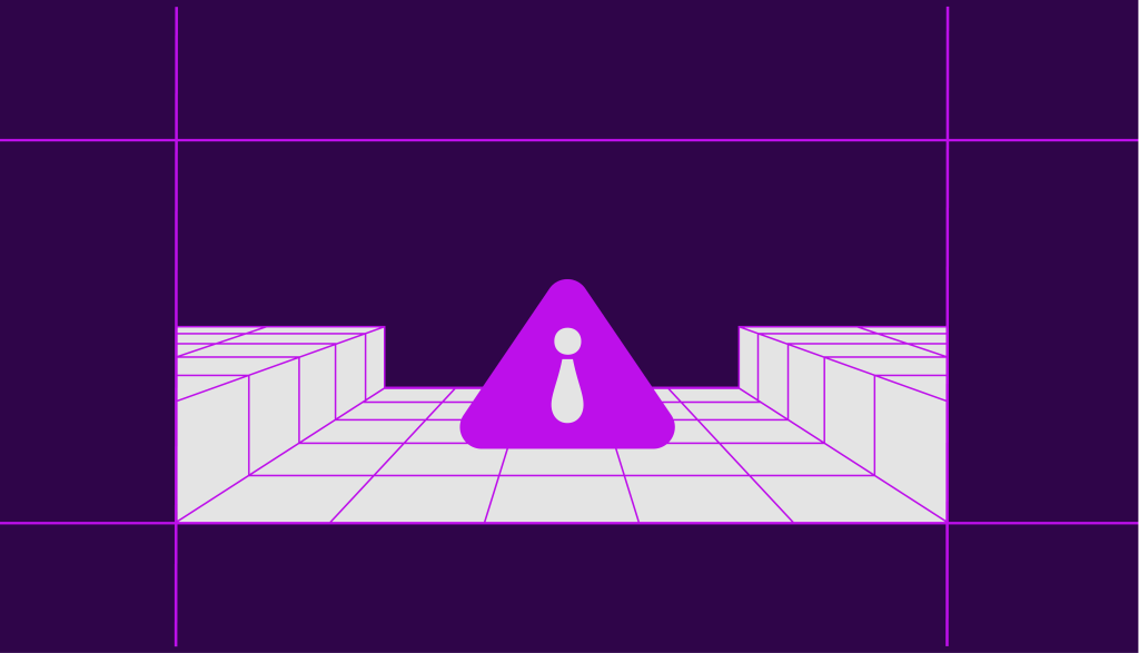 carretera virtual de color blanco y morado presenta una señal de peligro en el centro sugiriendo un accidente de tráfico