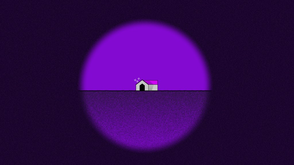 mirilla con una casa blanca en el horizonte de color morado inspira a pensar en los préstamos hipotecarios