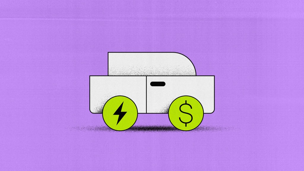 Simulación de automóvil híbrido de color blanco con llantas verdes con signos de pesos avanza por un limbo morado