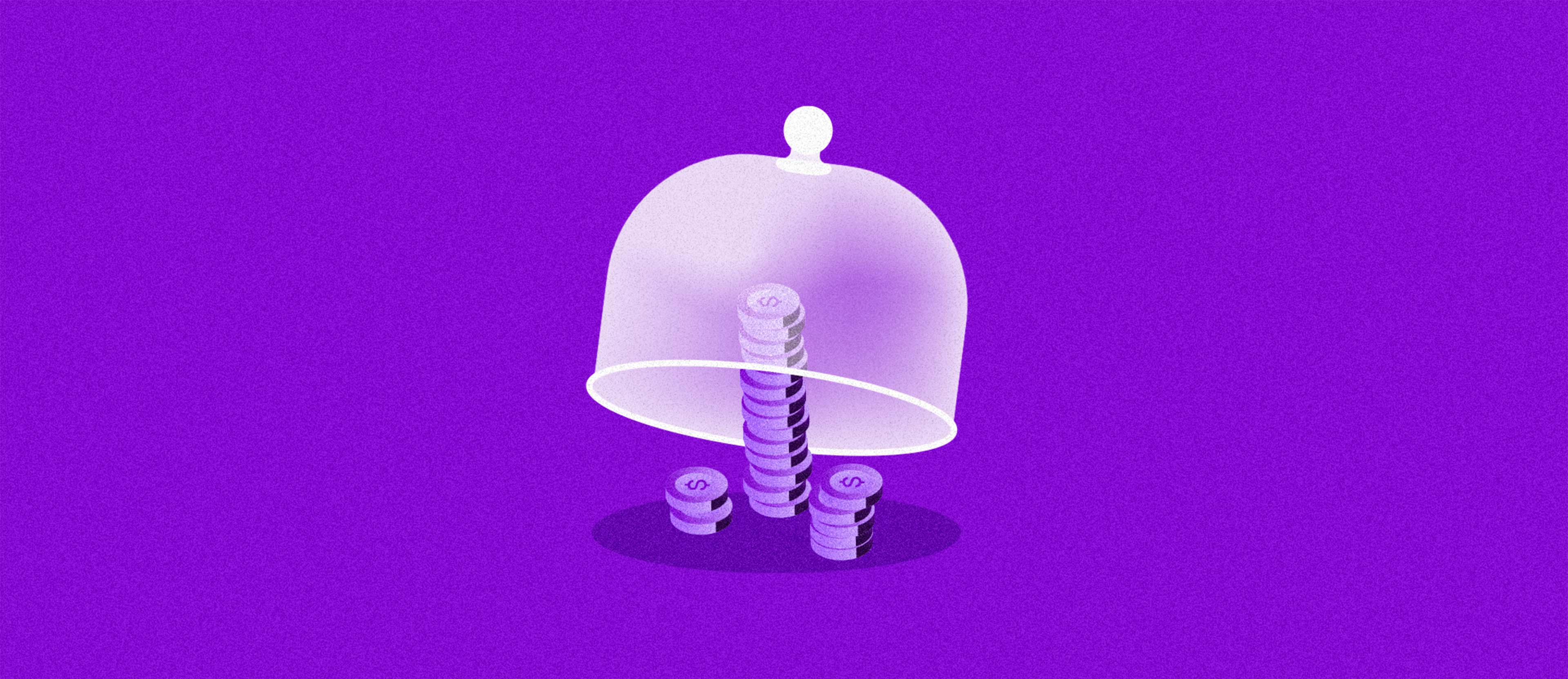 capelo de cristal cubre monedas de color morado en un limbo púrpura protegiendo tus finanzas
