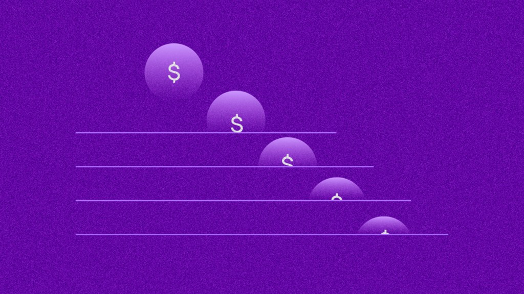 Esfera de color morado con símbolo de pesos asciende sobre varios niveles con fondo morado recordando la importancia del bienestar financiero