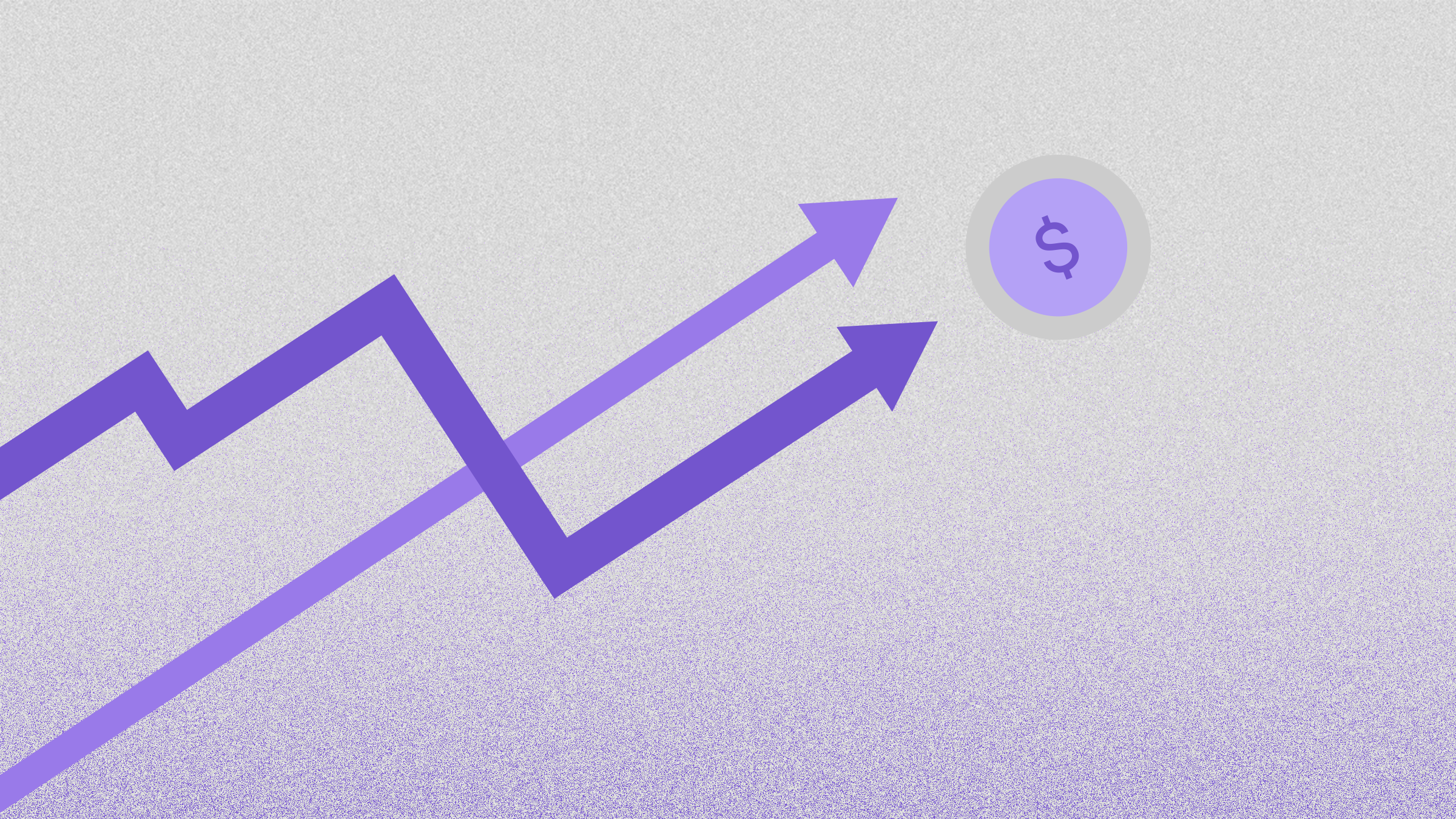 Dos flechas moradas en una gráfica lila apuntan hacia una moneda con signo de pesos que representa al interés compuesto