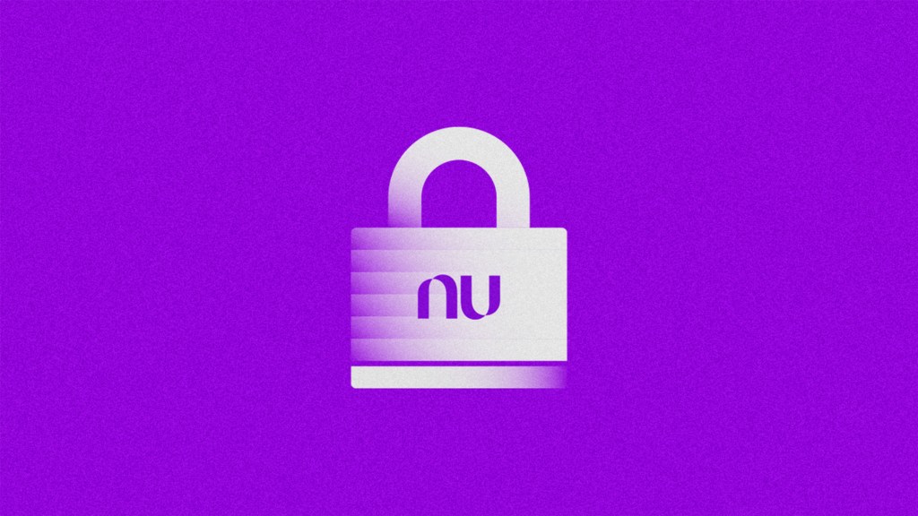Header-MedidasSegu Un candado de color blanco con fondo morado y logo de Nu nos avisa sobre las medidas de seguridad en tarjetas de crédito y débito