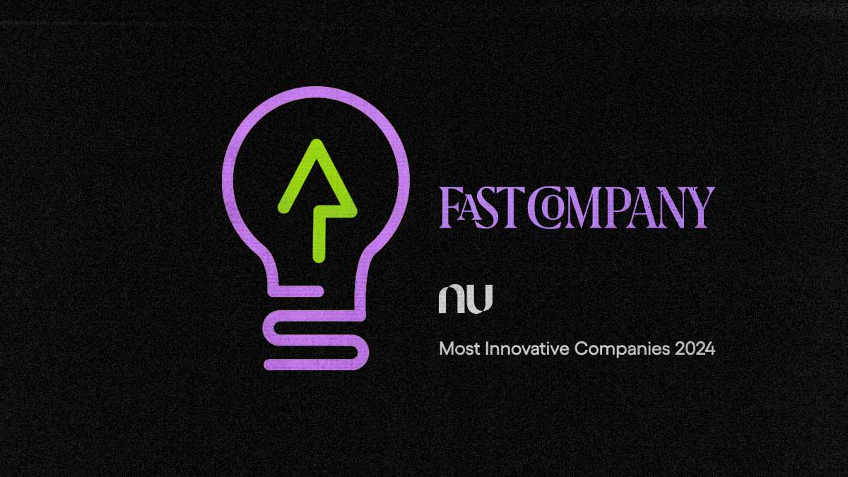 Nu la Compañía más Innovadora de América Latina según Fast Company se anuncia con la imagen de un foco color morado que conteiene una flecha color verde en el centro