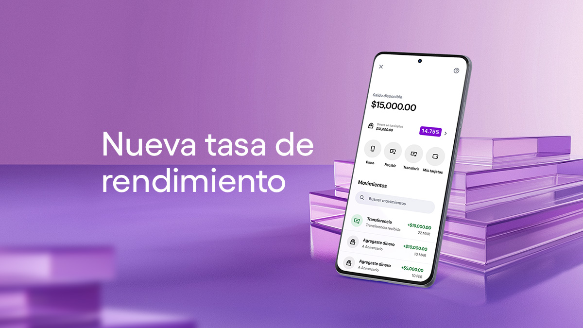 Teléfono celular recargado en láminas de acrílico transparente muestra una pantalla de la app nu con un saldo abierto para anunciar la tasa preferencial del 14.75% que ofrece cuenta nu