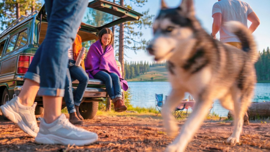 tarjeta-nu-limite-de-credito-0_Header Grupo de amigos y un perro husky disfrutando un día de campamento junto a un lago, con una camioneta vintage y sillas de acampar de fondo.
