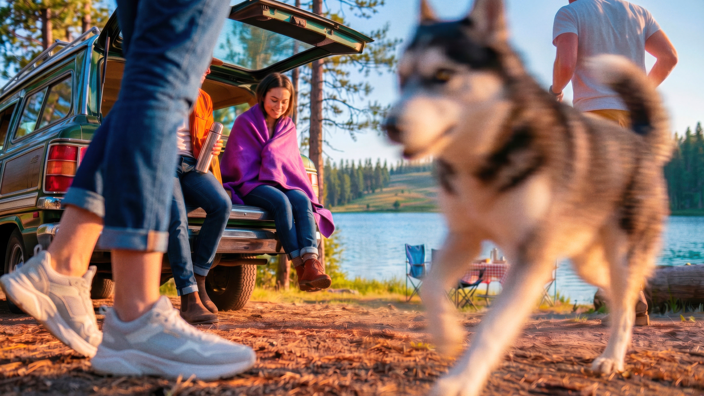 Grupo de amigos y un perro husky disfrutando un día de campamento junto a un lago, con una camioneta vintage y sillas de acampar de fondo.