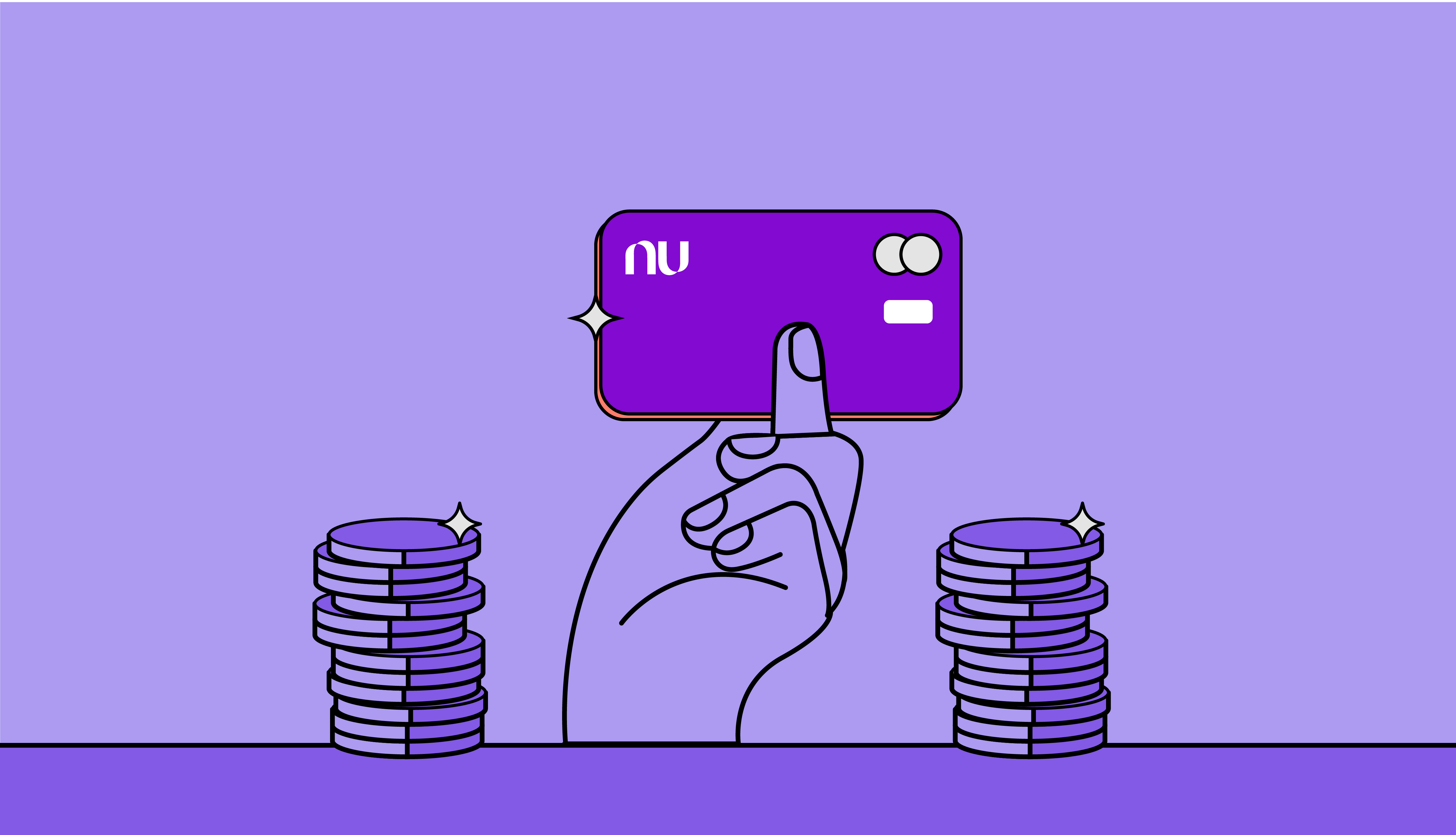 Una mano color morado sostiene una tarjeta bancaria junto a dos pilas de monedas sugiriendo que es bueno depositar dinero en la tarjeta garantizada nu