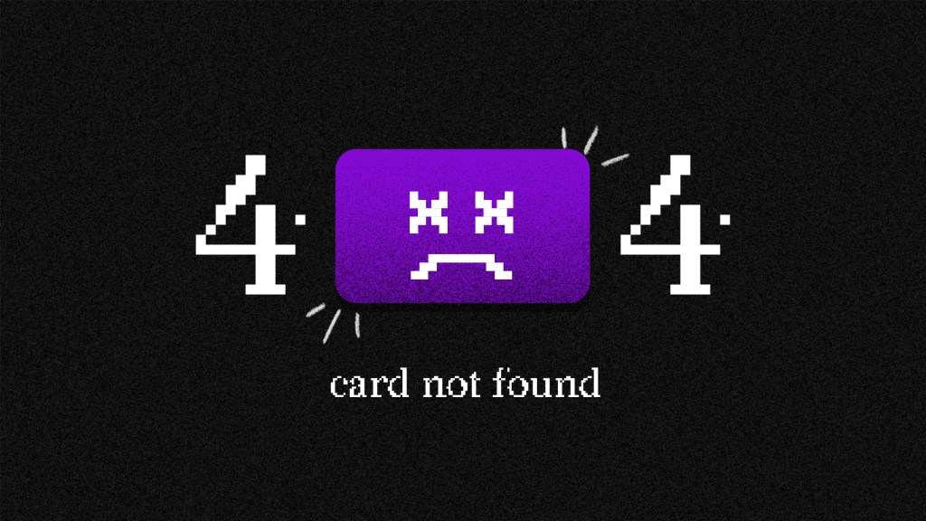 Header-NoAprobada simulación de página de error 404 con una tarjeta morada con la leyenda