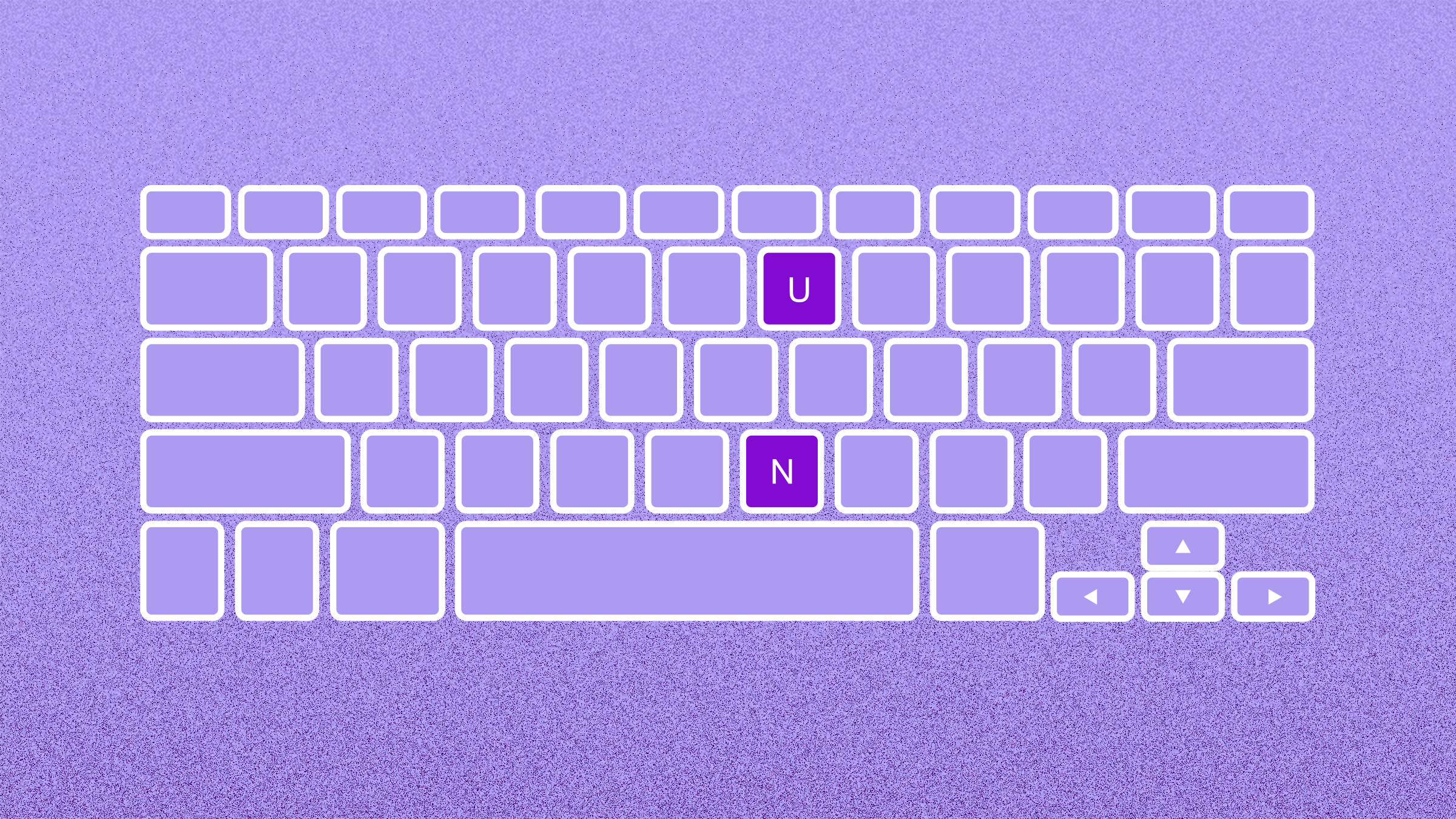teclado de computadora color blanco señala las teclas de las letras n y u en color púrpura para recordar las ventajas de la gestión financiera digital