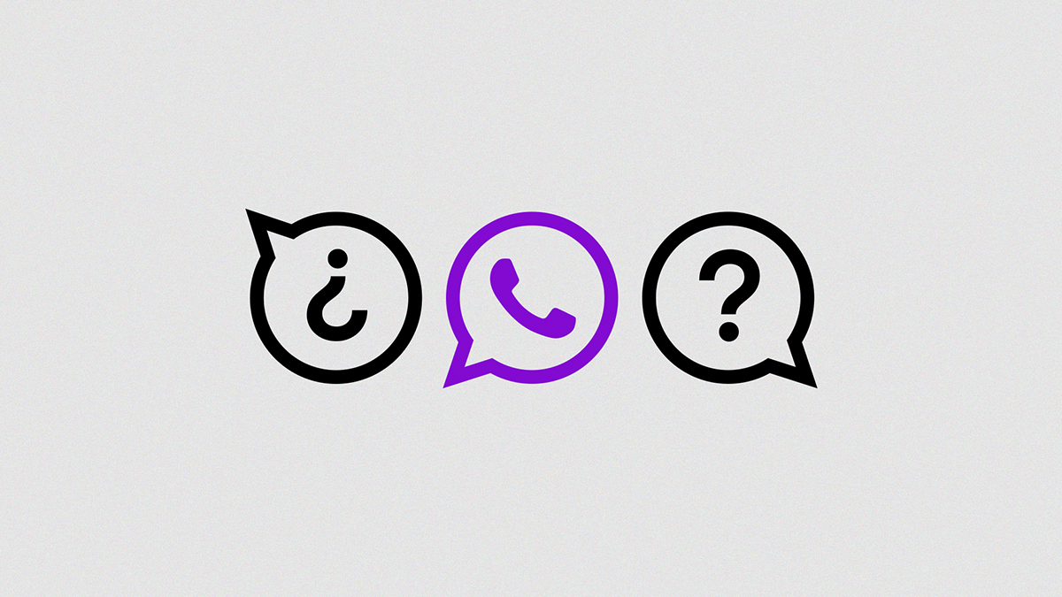 íconos con símbolos de interrogación y un teléfono en color morado y gris responden si Nu envía mensajes por WhatsApp