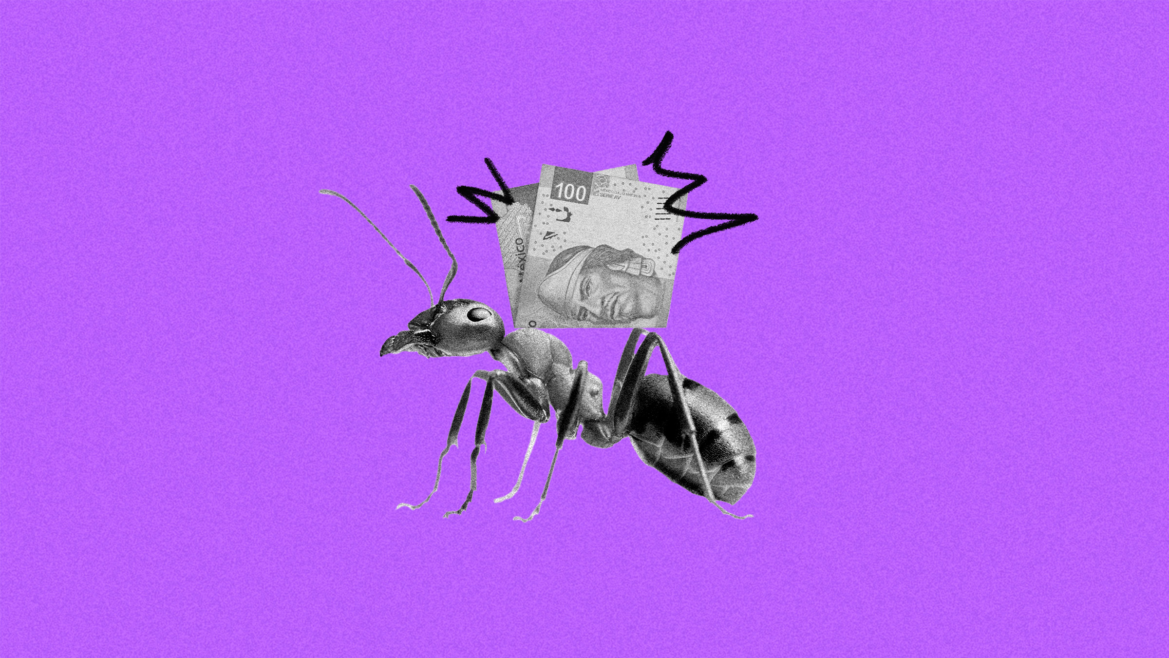 una hormiga caricaturizada en blanco y negro carga un billete de 500 pesos recordando la diferencia entre gastos hormiga y gastos vampiro