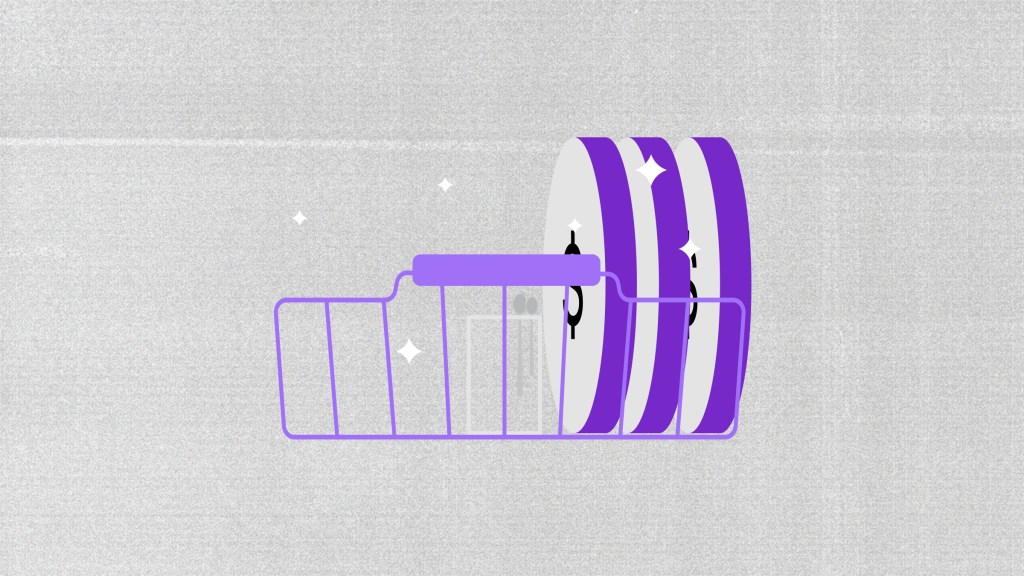 Escurridor de platos de color morado con tres platos blancos que tienen un símbolo de pesos en el centro recuerdan el valor del trabajo no remunerado del hogar