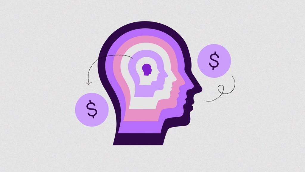 una cabeza humana ilustrada contiene otras cabezas de menor tamaño en colores rosas y violetas que está rodeada por dos círculos morados con símbolos de pesos para recordar la importancia de las psicología de la deuda