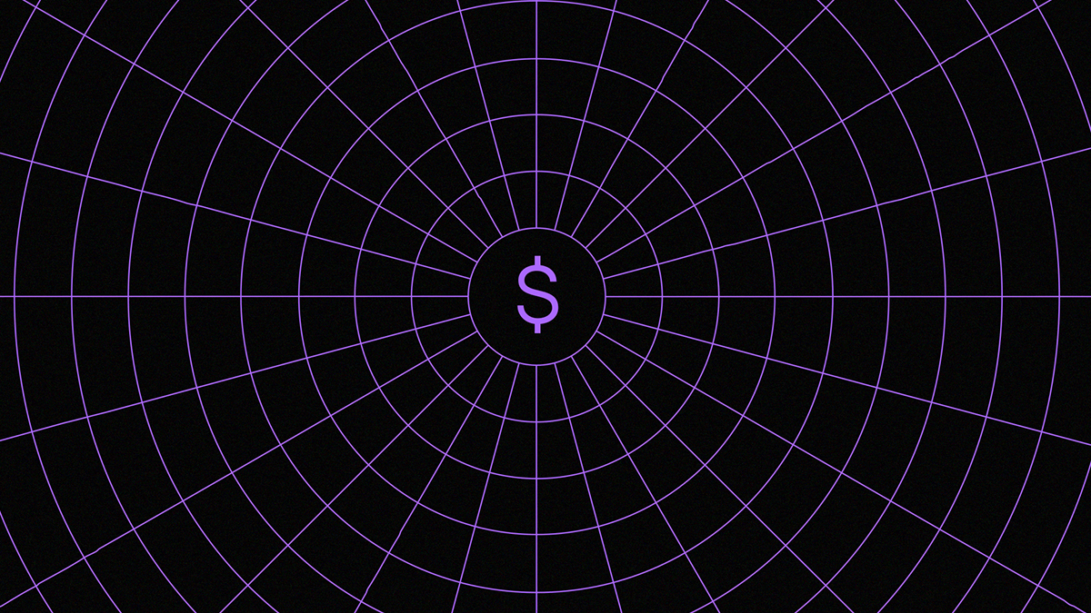 Un símbolo de pesos en el centro de una red color morada en el universo simboliza el impacto psicológico de las deudas