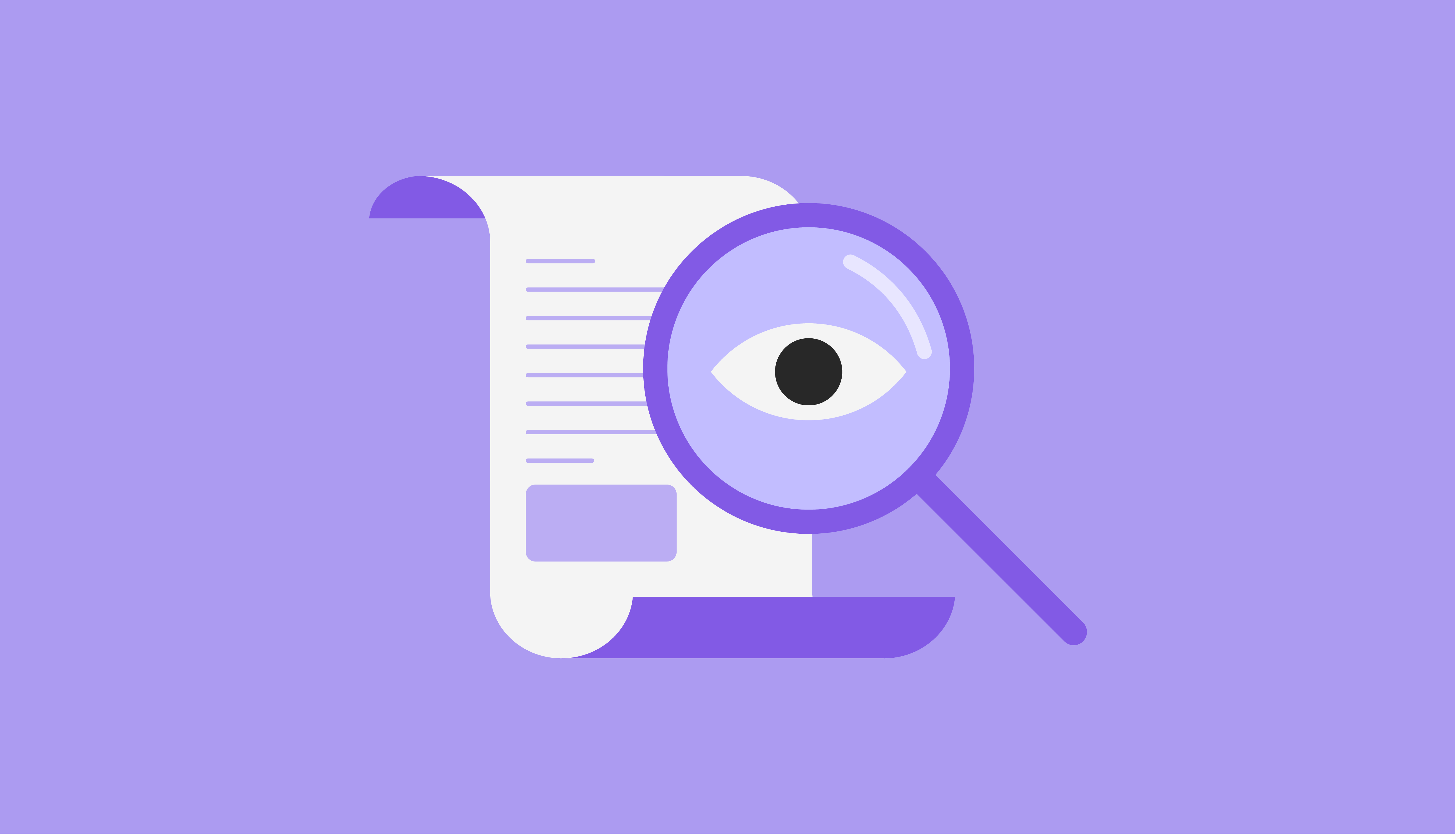 Un contrato es observado por una lupa color morado con ojo en el centro representando una revisión de préstamos personales