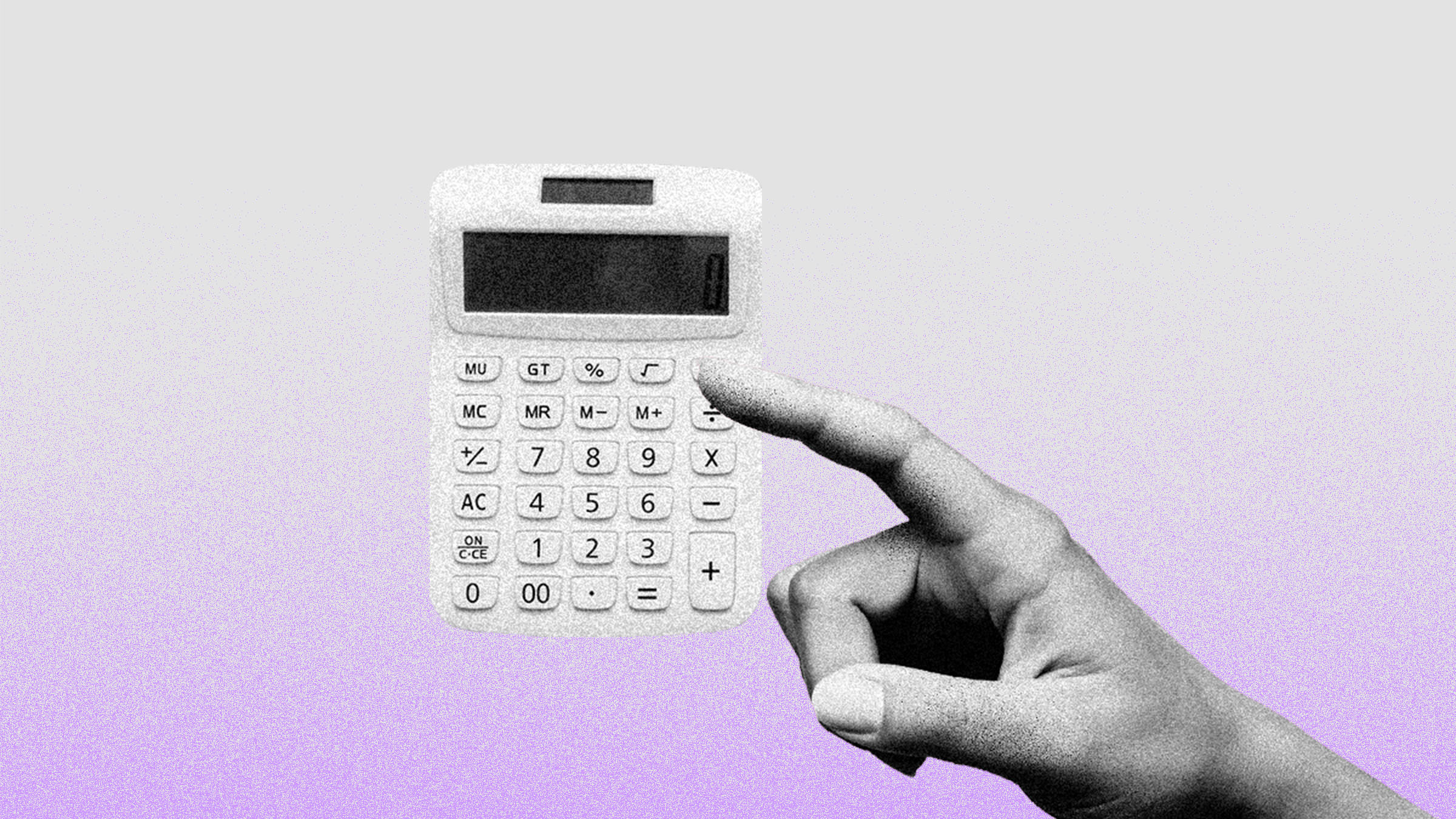 una mano en blanco y negro se acerca a una calculadora blanca que se encuentra flotando para hacer el cálculo del reparto de utilidades