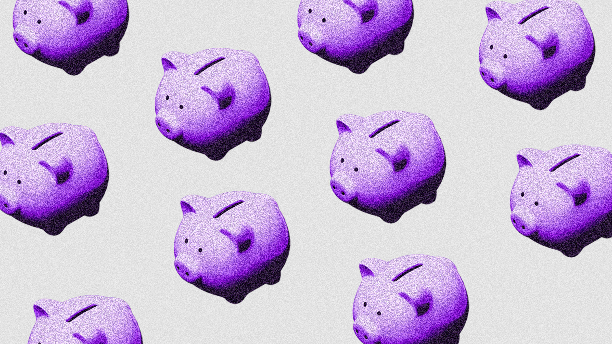 Varias alcancías en forma de cochinito de color morado están formadas frente a una limbo gris claro para recordar la importancia de empezar a ahorrar