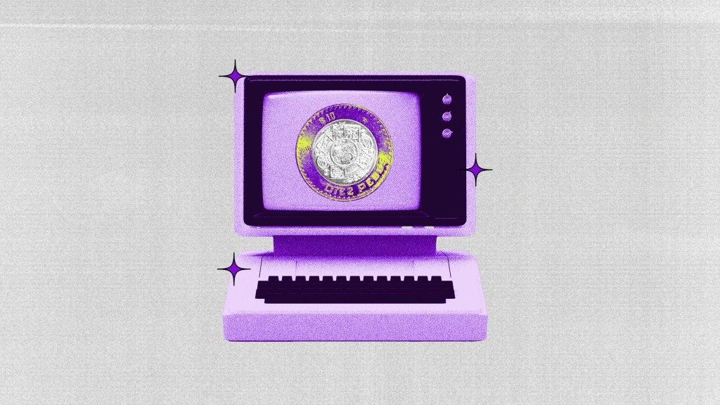 Una computadora de color morada despliega la imagen de una moneda de diez pesos en la pantalla para resolver cómo ahorrar si soy freelancer