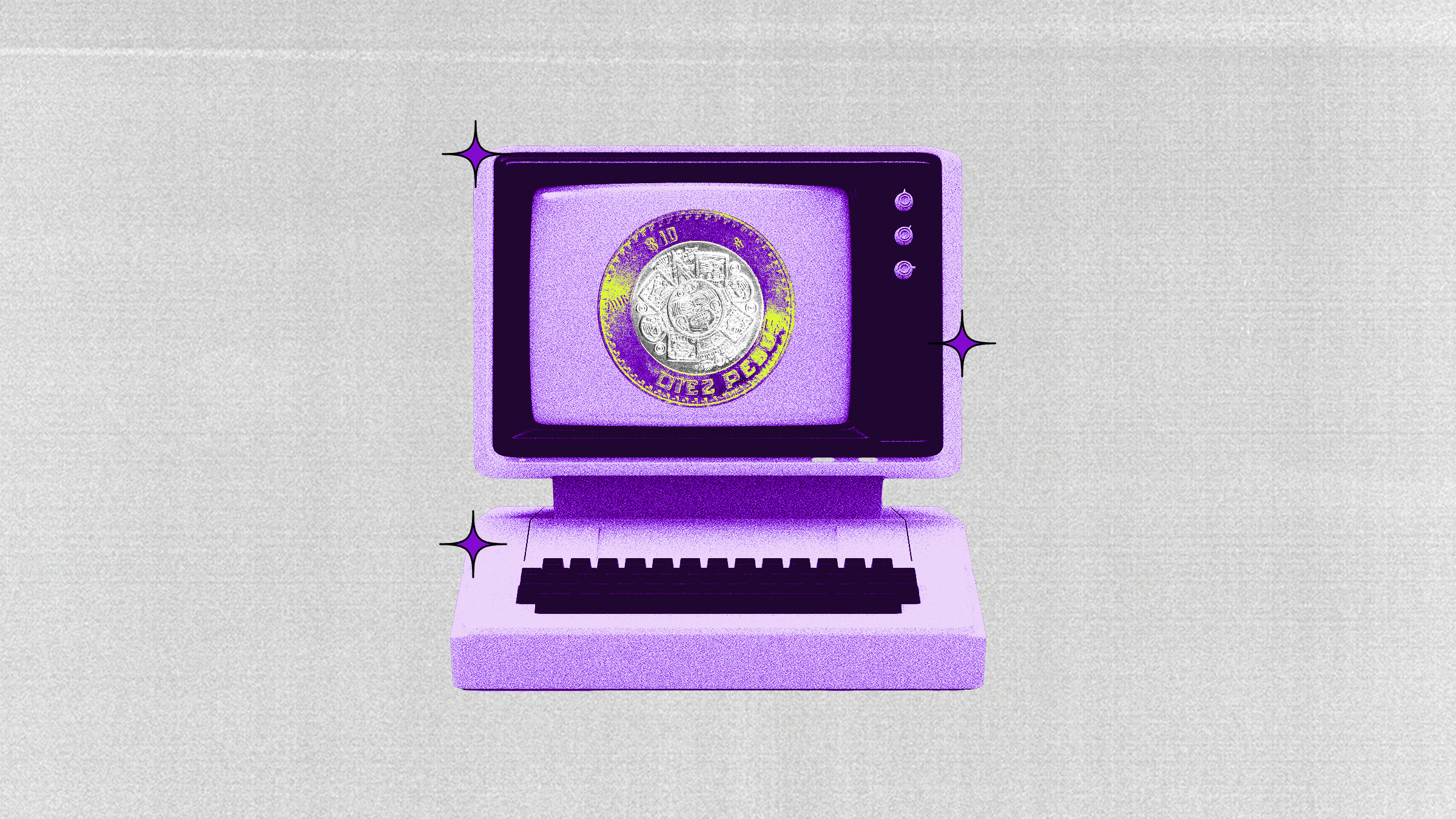 Una computadora de color morada despliega la imagen de una moneda de diez pesos en la pantalla para resolver cómo ahorrar si soy freelancer