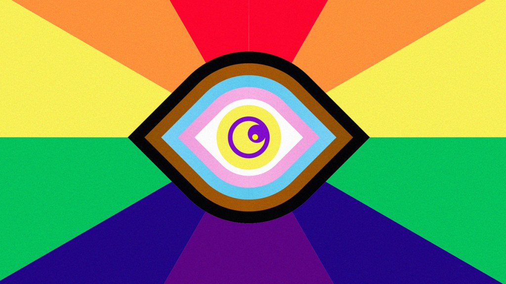 Bandera LBGT+ se despliega con un ojo a la mitad recordando lo diversa de la sociedad en Nu México