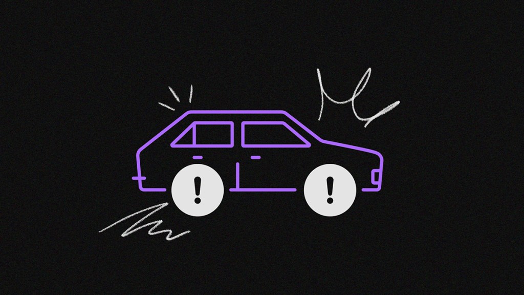 Un vehículo trazado en líneas moradas camina con llantas que tienen signos de exclamación en el centro
