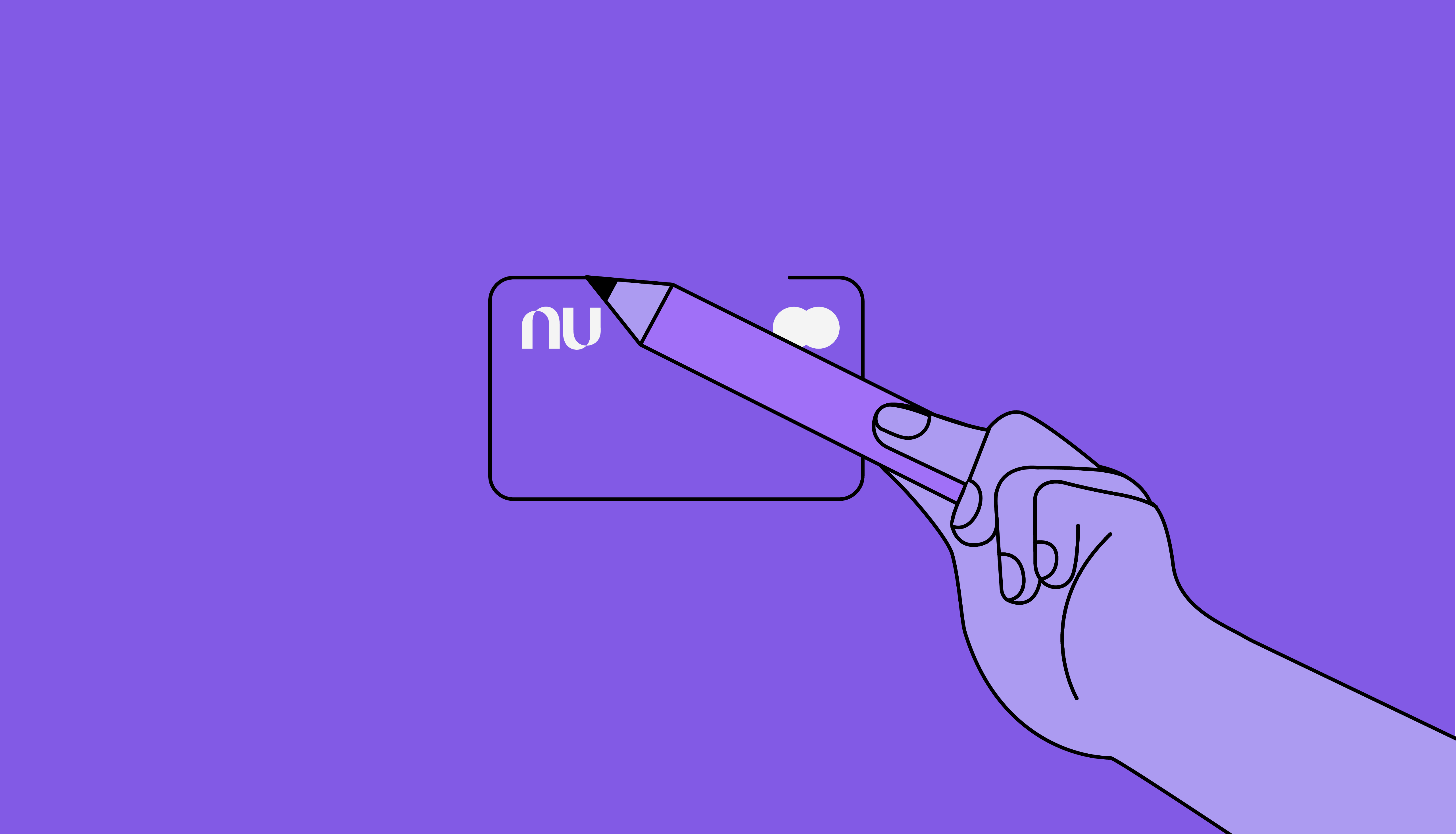 Una mano de color lila señala a la tarjeta de crédito Nu con un lápiz color morado frente a un fondo color púrpura para presentarla como una de las mejores tarjetas de crédito para principiantes