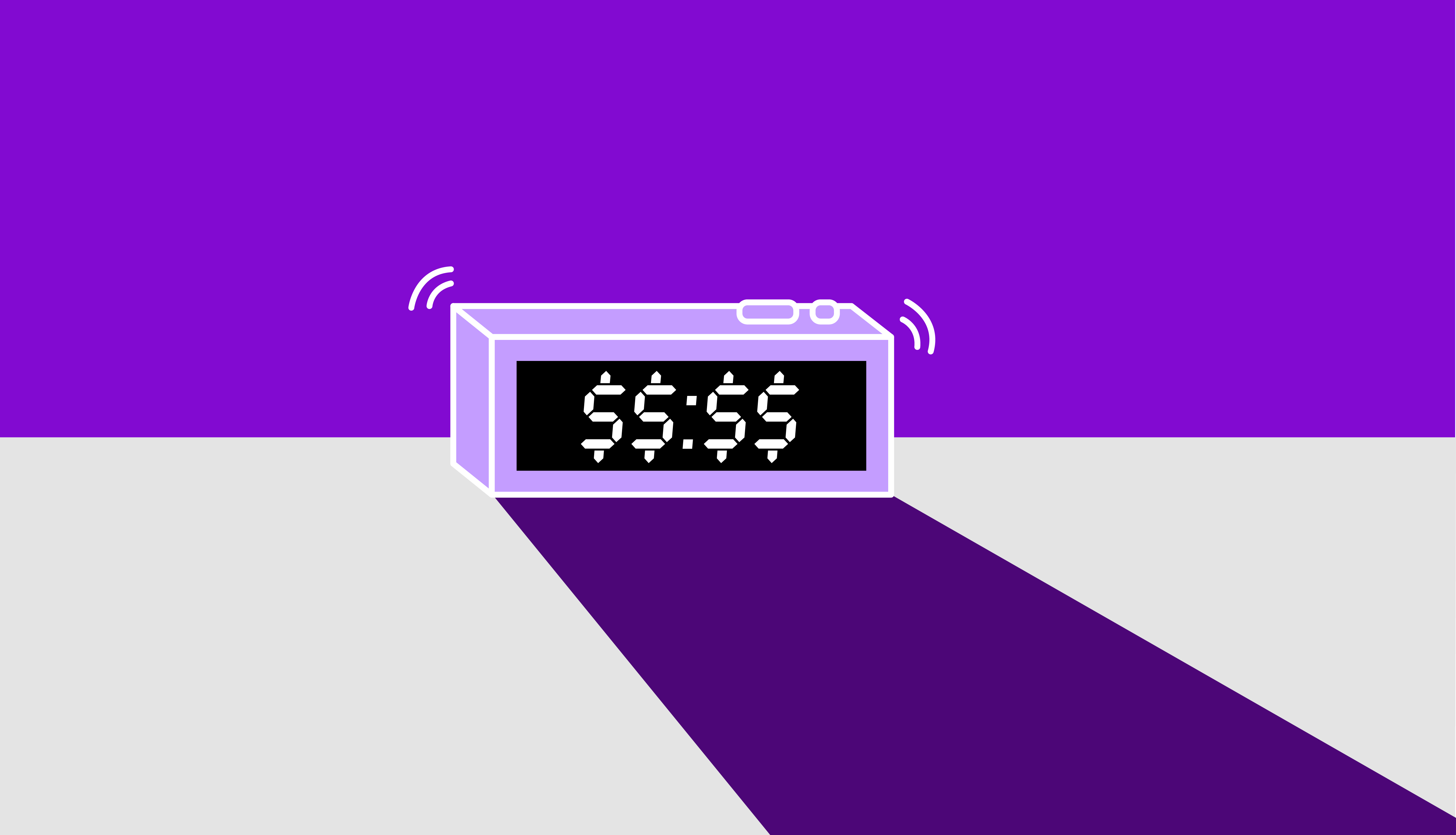 Un reloj despertador color morado marca símbolos de pesos en su pantalla y aparenta estar sonando mientras proyecta una sombra larga recordando cómo se pagan las horas extra en México
