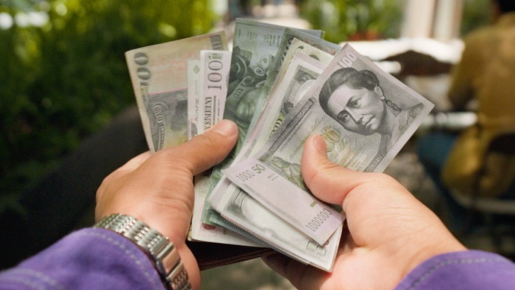 unas manos de tono claro sostienen billetes de diferentes pasíses y nacionalidades mientras lo muestran desplegado hacia el frente en el interior de un parque