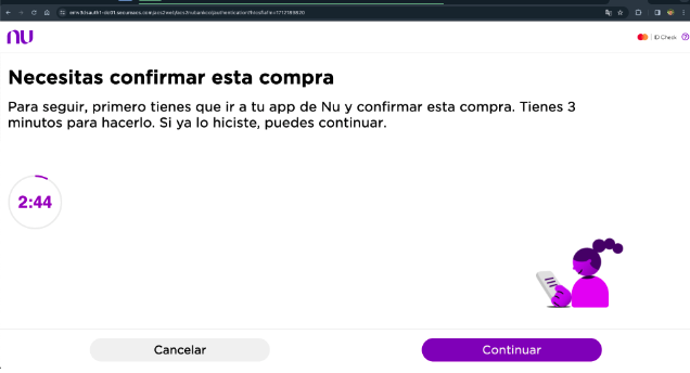 Pantalla de seguridad que envía Nu México cuando un comprador necesita completar una validación de compra al pagar con su tarjeta de crédito nu en una tienda en línea
