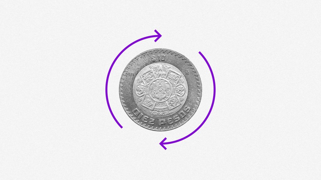 Una moneda mexicana de diez pesos floto frente a un limbo blanco mientras dos fleachas color morado la rodean en dirección a las manecillas del relojo para resaltar los beneficios del Préstamo Personal Nu