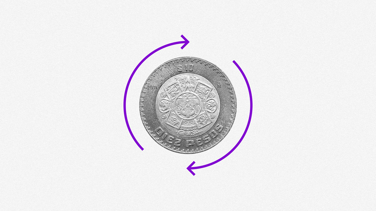 Una moneda mexicana de diez pesos floto frente a un limbo blanco mientras dos fleachas color morado la rodean en dirección a las manecillas del relojo para resaltar los beneficios del Préstamo Personal Nu