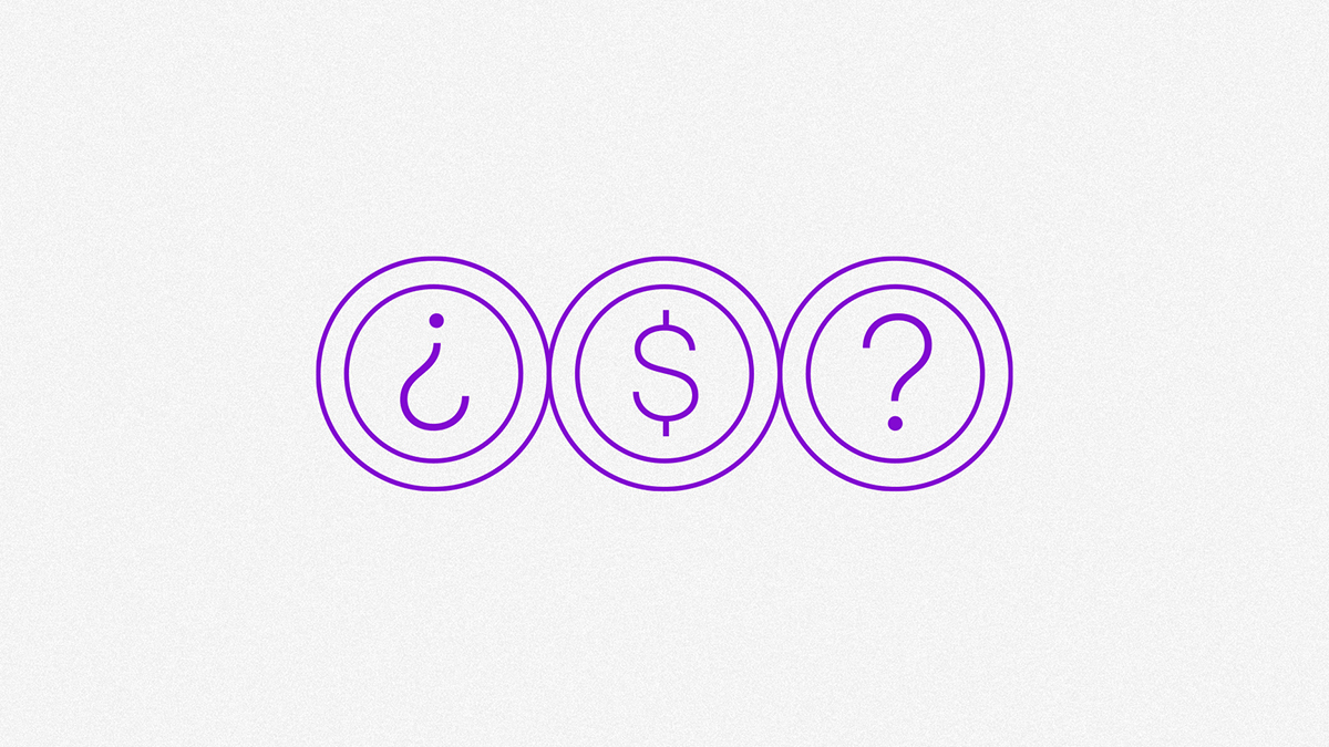 Tres monedas dibujadas únicamente por el contorno con un símbolo de pesos e interrogación presentan el minimalismo financiero