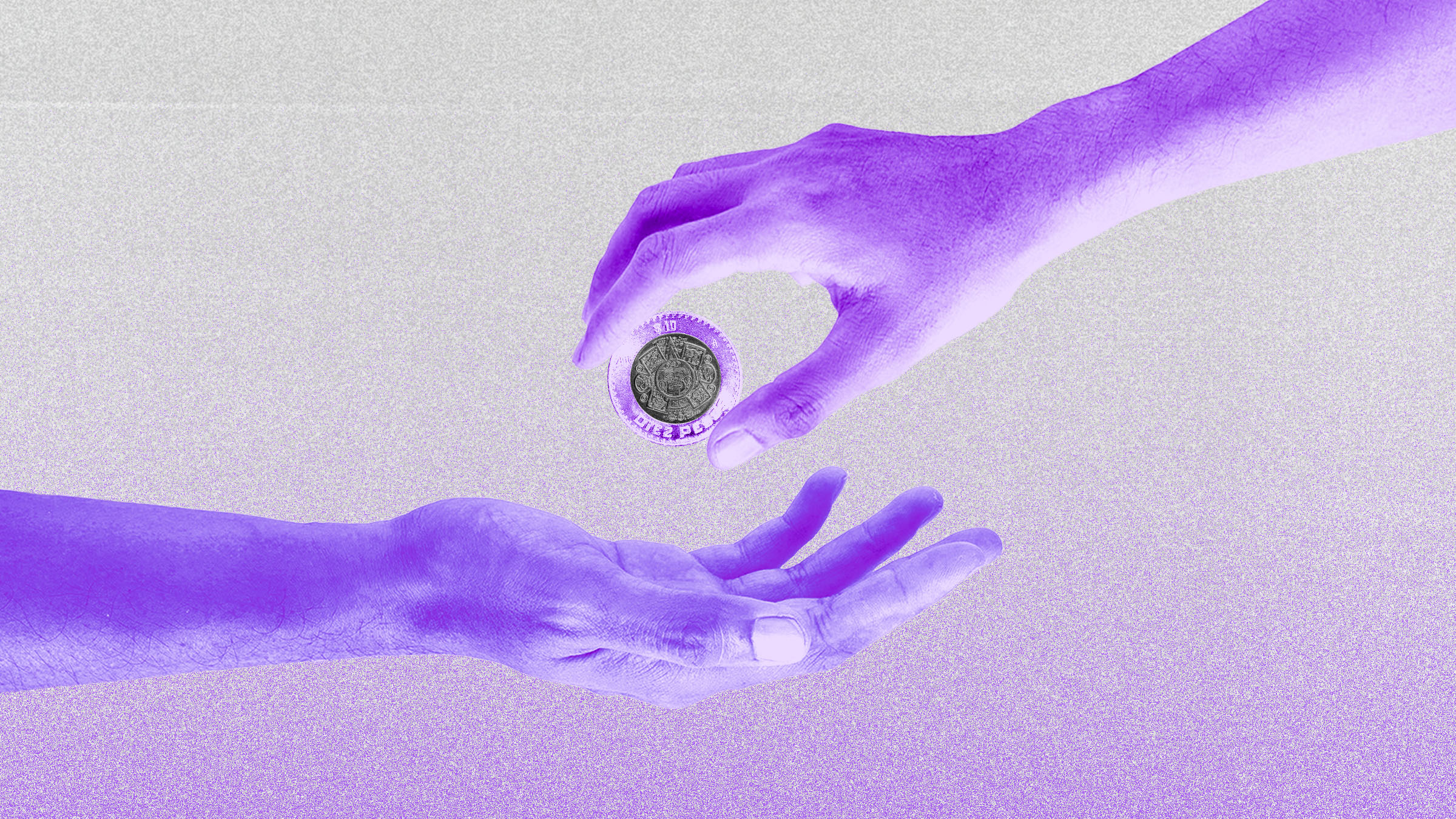 dos manos de color morado intercambian una moneda de diez pesos resaltando importancia de designar beneficiarios en Cuenta Nu