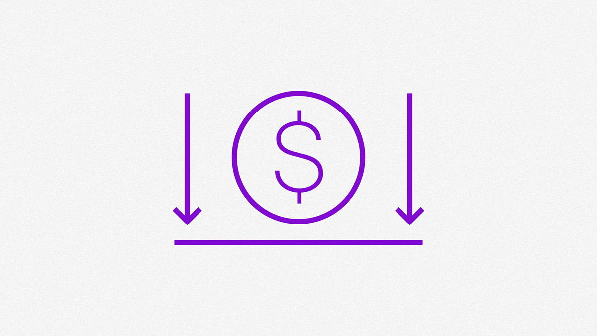 una moneda simulada con el puro contorno en color morado es acompañada de dos flechas que van ahacia abajo indicando cuánto tarda en aparecer un reembolso en Nu