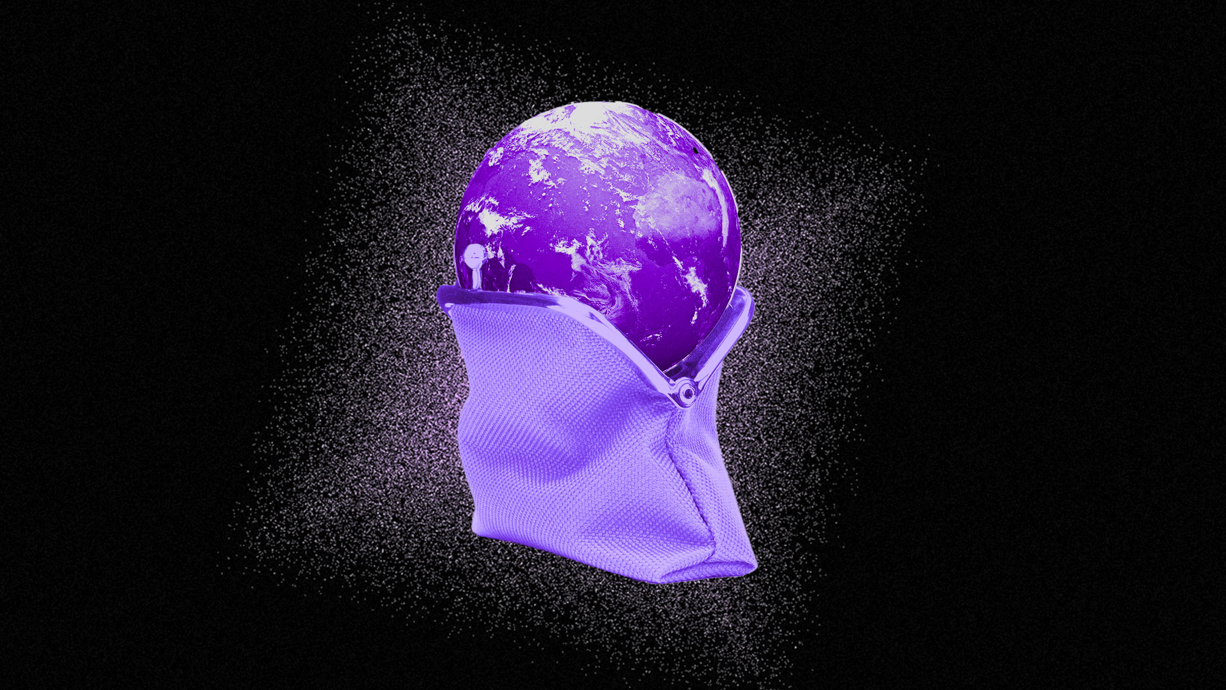 Un planeta tierra sale de un monedero, ambos de color morado sobre un vacío color negro para recordar los eventos globales que afectan tu economía