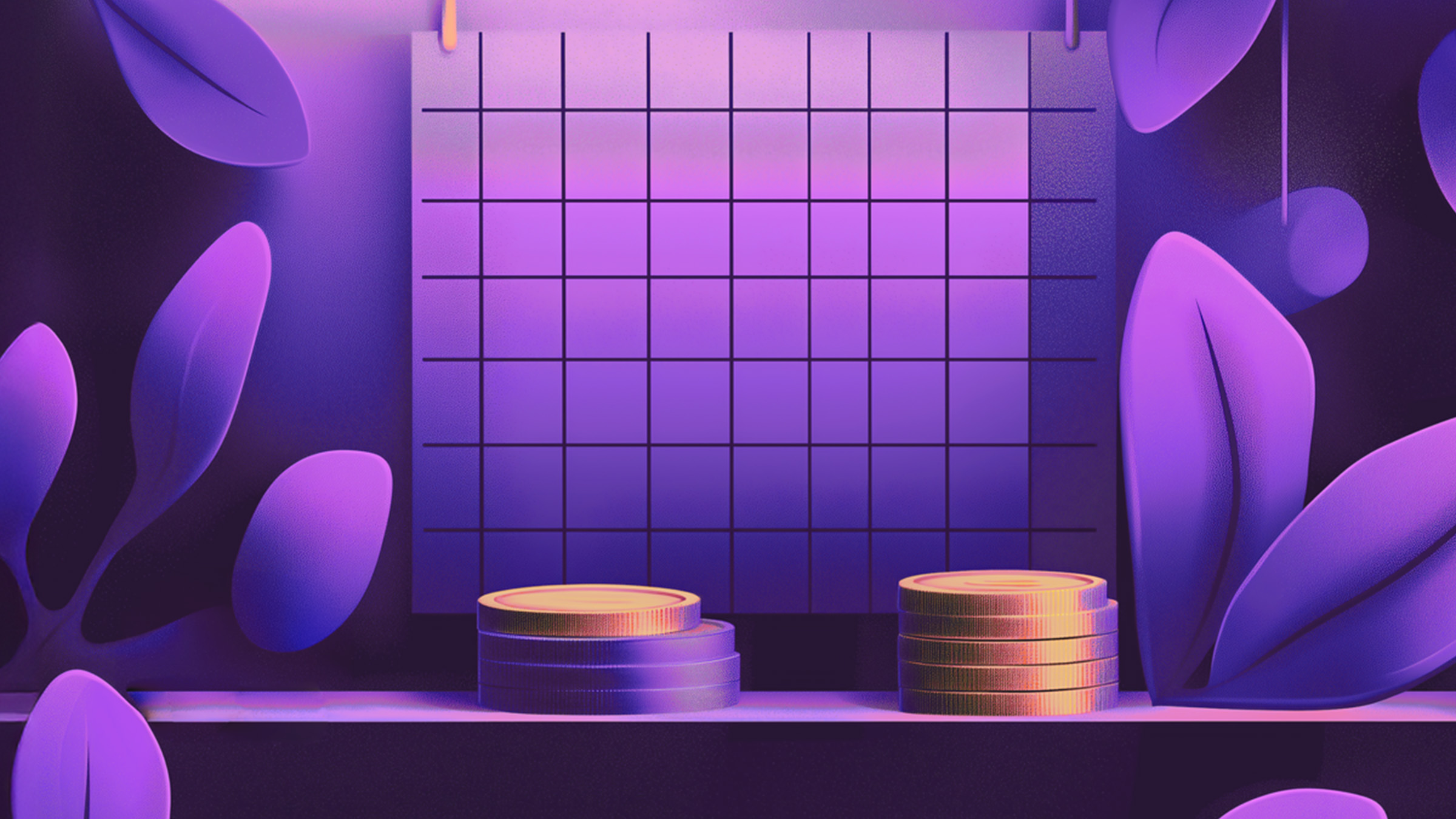 dos montones de monedas doradas reposan en vertical frente a una cuadrícula de color morado para recordar declaración anual 2025