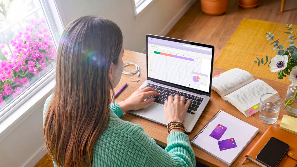 Persona analizando gráficos financieros en su laptop con sus tarjetas moradas Nu visibles, ilustrando cómo calcular y maximizar tu rendimiento con Cajita Turbo.